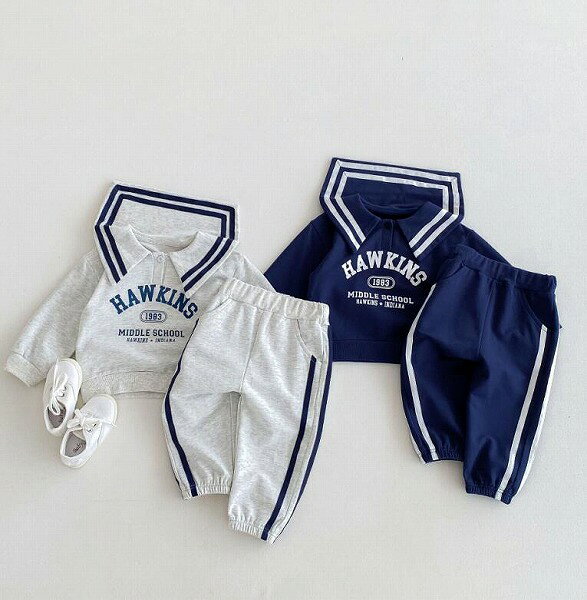 春秋新作 韓国版 アルファベット 海軍領 長袖 上着+ズボン 2点 セット 男女兼用 子供服 80~130cm