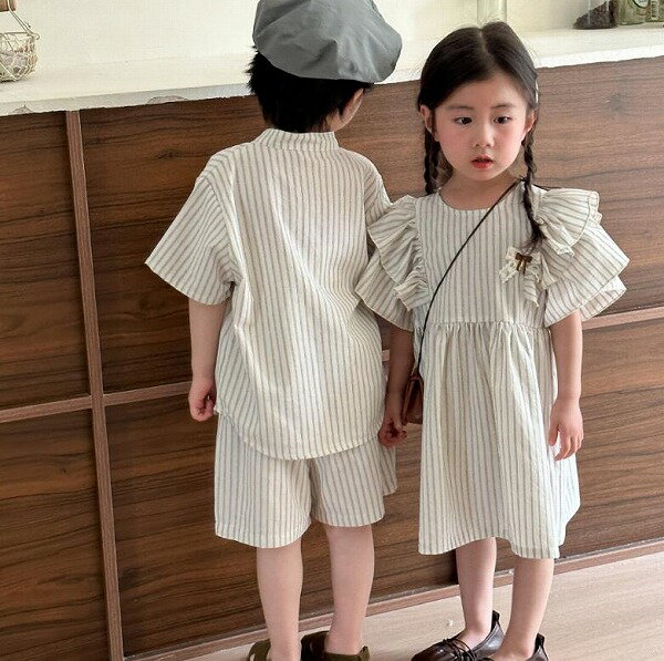 夏新作 男の子 半袖+半ズボン 女の子 ワンピース 夏服 しま模様 綿 兄妹服 子供服 80cm~150cm
