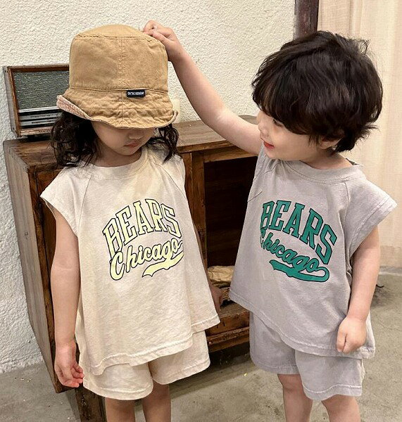 夏新作 うんどう 綿 カジュアル チョッキ+半ズボン 2点 セット 韓国版 男女兼用 子供服