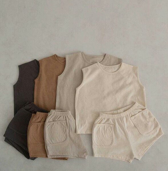 夏新作 ins チョッキ+半ズボン 2点 セット 無地 乳幼児 北欧風 綿 夏服 男女兼用 子供服