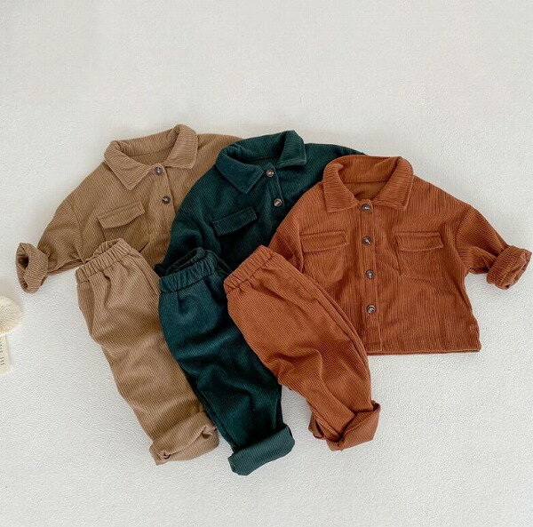 春秋新作 乳幼児 上着 コート+ズボン コーデュロイ 2点 セット 無地 男女兼用 子供服