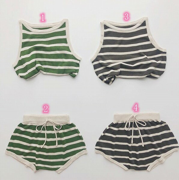 夏新作 韓国版 しま模様 丸首 薄い チョッキ 半ズボン セット 男女兼用 子供服