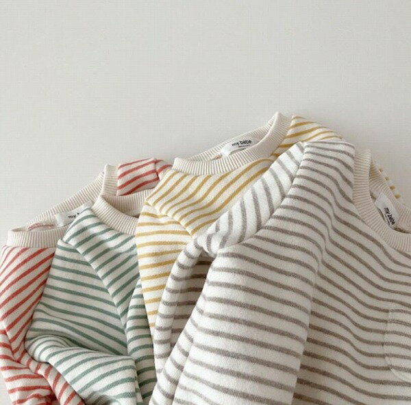 冬新作 連体服 韓国版 ins 赤ん坊 綿 しま模様 男女兼用 裏起毛 子供服