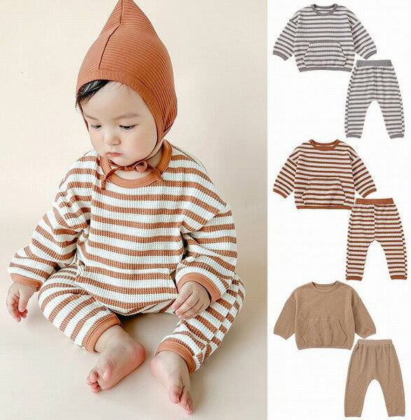 秋新作 男女兼用 洋風 しま模様 ポケット Tシャツ 上着+ズボン 2点 セット 子供服