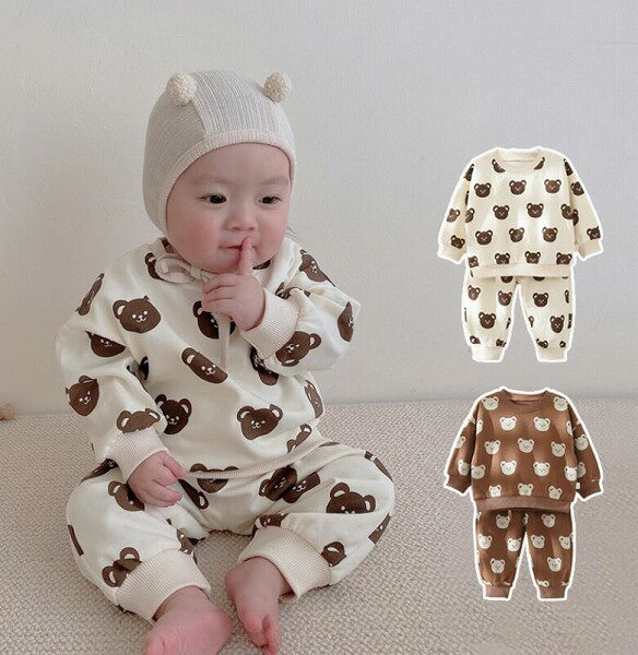 秋新作 赤ん坊 コットン 丸首 クマ頭 Tシャツ+ズボン 2つ セット 男女兼用 子供服