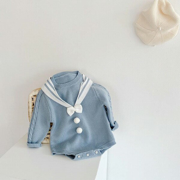 秋冬新作 ニット ins 女の子 赤ん坊 海軍領 リボン 毛糸 連体服 春秋 子供服
