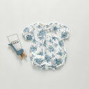 夏新作 韓国子供服 INS レトロ 手描きの青い花 連体服 夏服