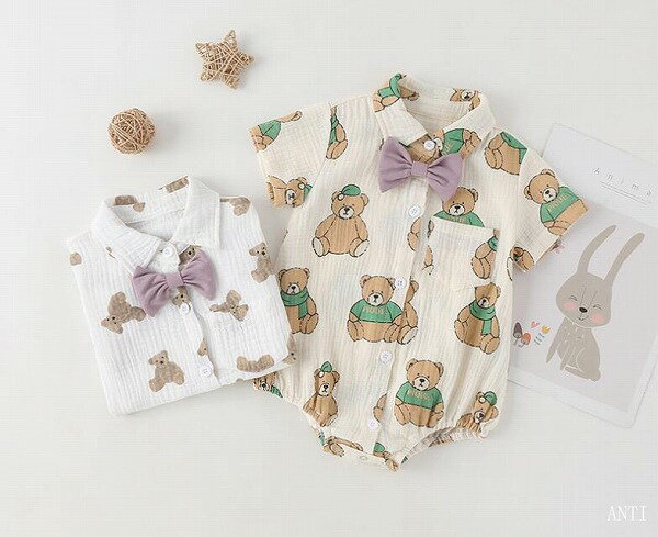 夏新作 連体服 韓 男 女 クマ匹 赤ん坊 半袖 綿 ホームウェア 薄い 子供服 人気 新品
