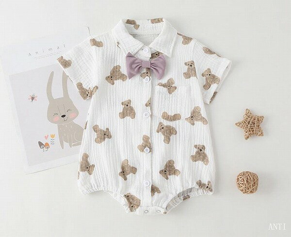 夏新作 連体服 韓 男 女 クマ匹 赤ん坊 半袖 綿 ホームウェア 薄い 子供服 人気 新品