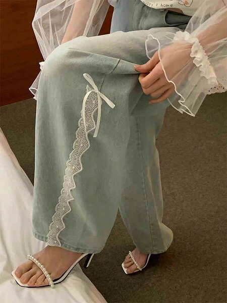 パンツ ボトムス ズボン デニム ジーパン ジーンズ レース リボン レディース