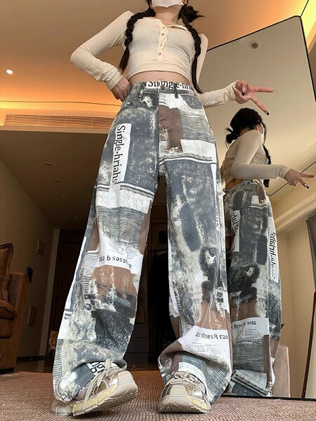 パンツ ボトムス ズボン デニム ジーンズ ハイウェスト ストレート プリント レディース