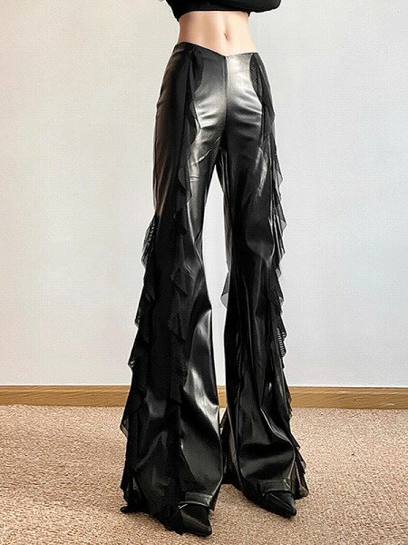 パンツ ボトムス ズボン PU フェイクレザー フリル フレアパンツ レディース