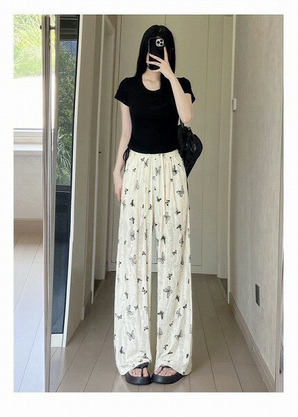 パンツ ボトムス ズボン 薄手 冷感 ハイウェスト プリント ウェストゴム ストレート レディース