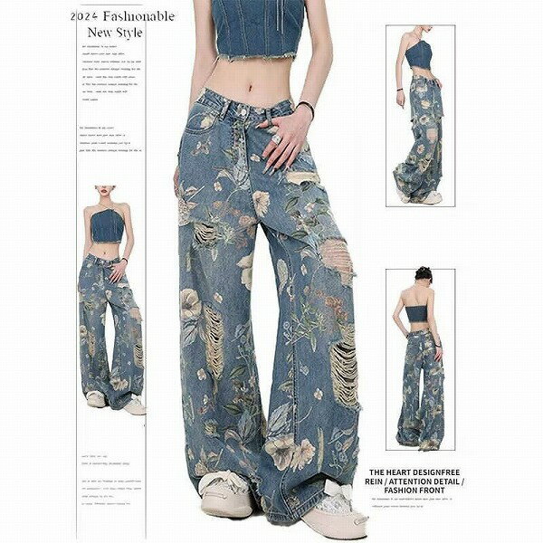 パンツ ボトムス ジーンズ デニム プリント ダメージ加工 ズボン レディース