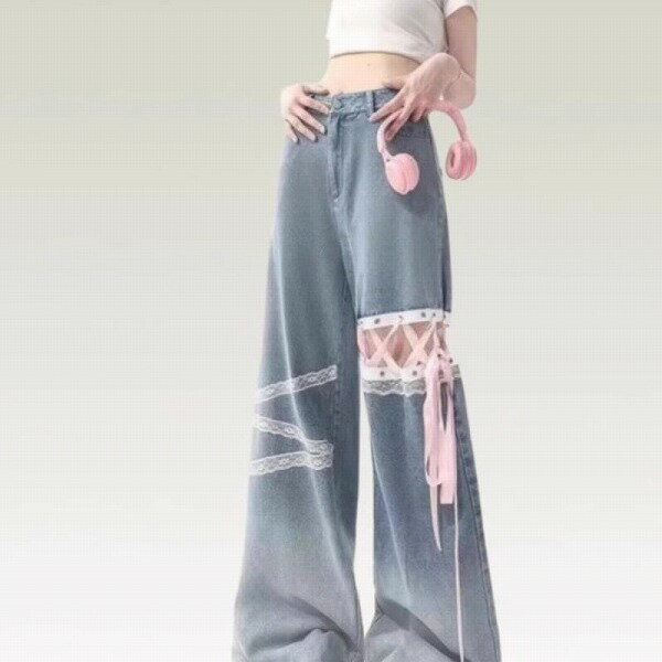 パンツ ボトムス ズボン デニム ジーンズ ジーパン ハイウェスト レース レディース