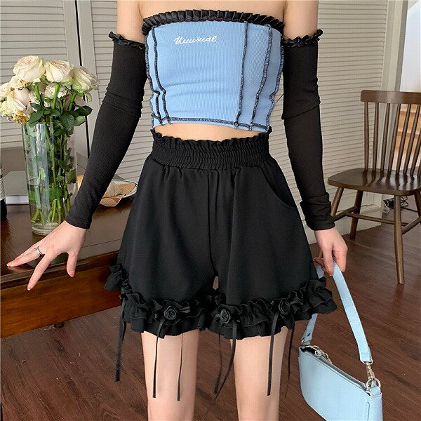 パンツ ボトムス ハイウェスト ショートパンツ フリル ギャザー レディース
