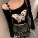 トップス ニット セーター 起毛 フェイクファー 細身 スリム ショート丈 レディース