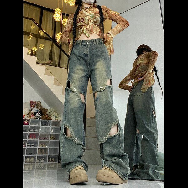 パンツ ボトムス デニム ジーンズ ハイウェスト カットアウト ストレート レディース