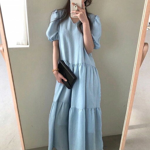 ワンピース Vネック 半袖 パフスリーブ シャツ ブラウス ゆったり 春 レディース ワンピース Vネック 半袖 パフスリーブ シャツ ブラウス ゆったり 春 レディース