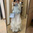 OMG!新しいスタイル 韓国ファッション Aライン レースミディスカート ロング ふんわりシフォン