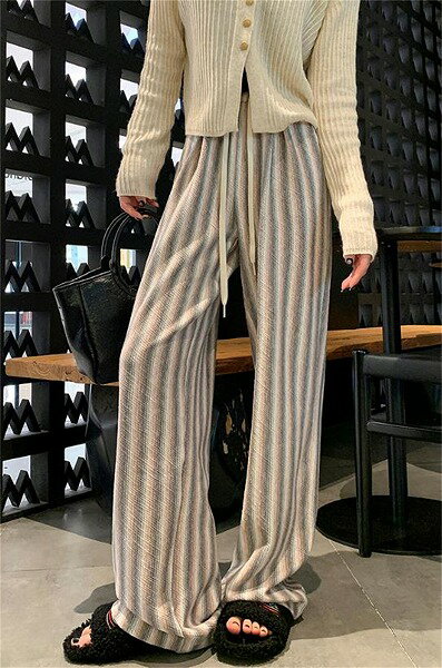 ブームが巻き起こる ニットパンツ スリム ロングパンツ ストライプ カジュアルパンツ
