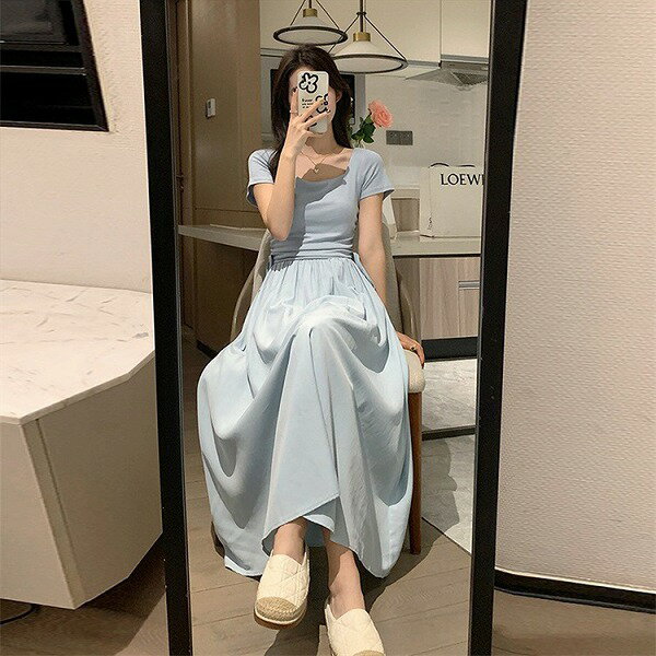 テレビヒロインのように 夏 受け取って腰 スリム ロングスカート 半袖 紐を引く ワンピース