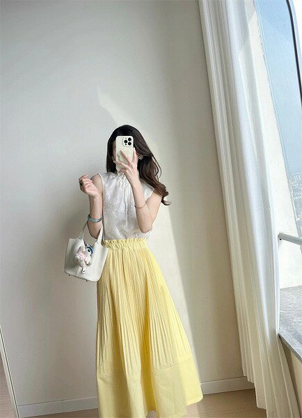 私の理想のタイプ プリーツ ハイウエスト スカート 春夏 デザインセンス aラインスカート