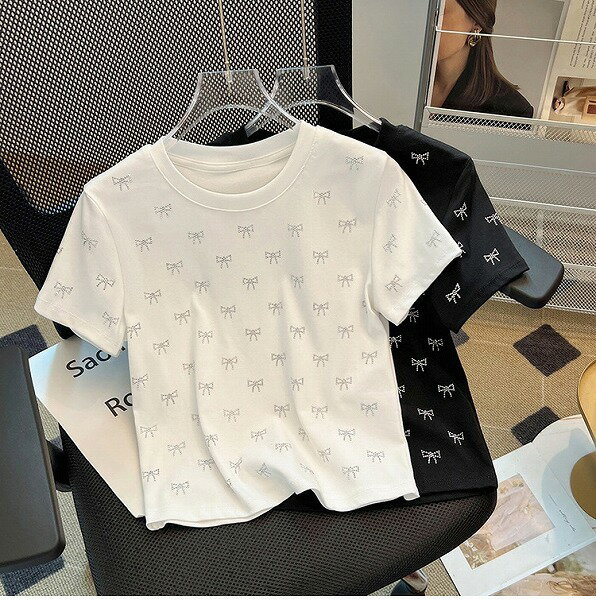 FW 今大人気 Tシャツ 半袖 蝶ネクタイ ドリル付き トップス 箔押し 大人気 スリム