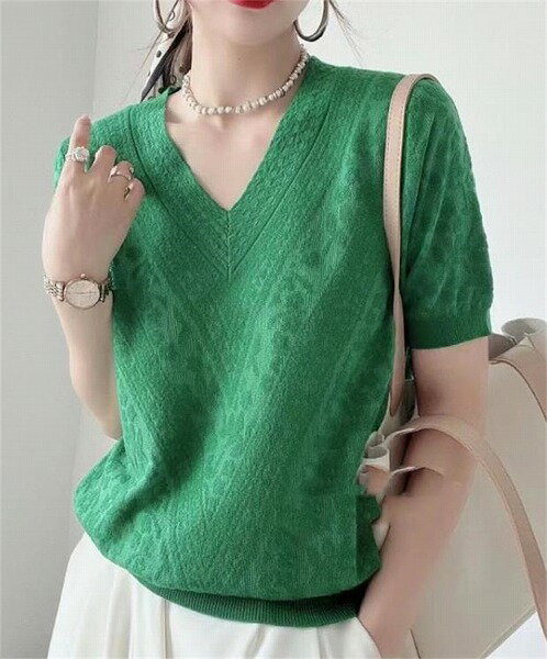 新作 パフスリーブ 半袖 vネック 透かし彫り 夏 ニットトップス レディース