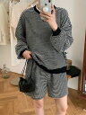 秋にちょうどいい 韓国ファッション ショートパンツ セット ボーダーの上着 フェイク2ピース