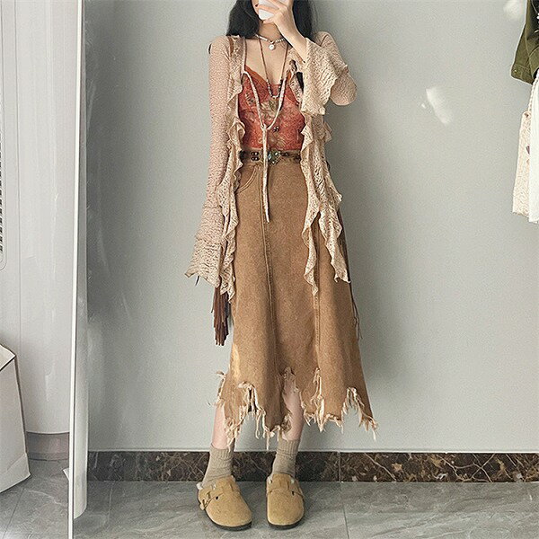 INSスタイル ロングスカート イレギュラー フリンジスカート ハイウエスト