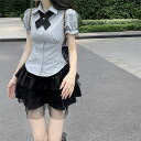 ラインを美しく演出 2点セット 制服 レースアップ スリムフィット シャツ 上着 ハイウエスト