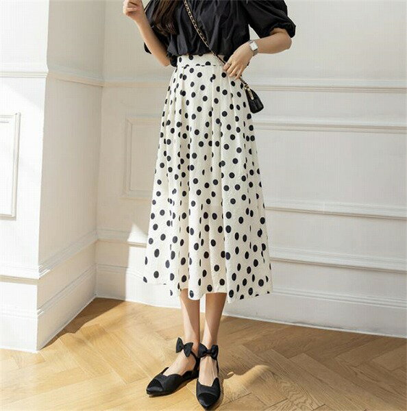 大人のカジュアルアイテム ギャザリング ドット Aライン ロングスカート プリント