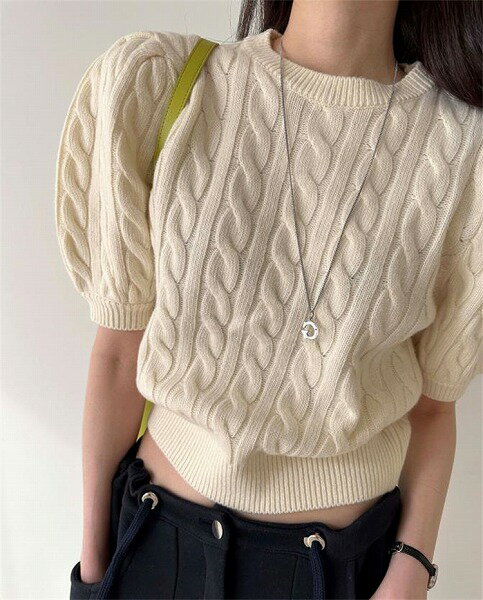 穿きやすく使いやすい韓国ファッション 麻の花 セーター ニットトップス トレンド 半袖 パフスリーブ