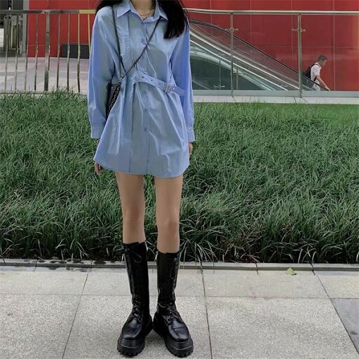 韓国ファッション ミニスカート シャツワンピ 怠惰な風 中長セクション 韓国ファッション ミニスカート シャツワンピ 怠惰な風 中長セクション
