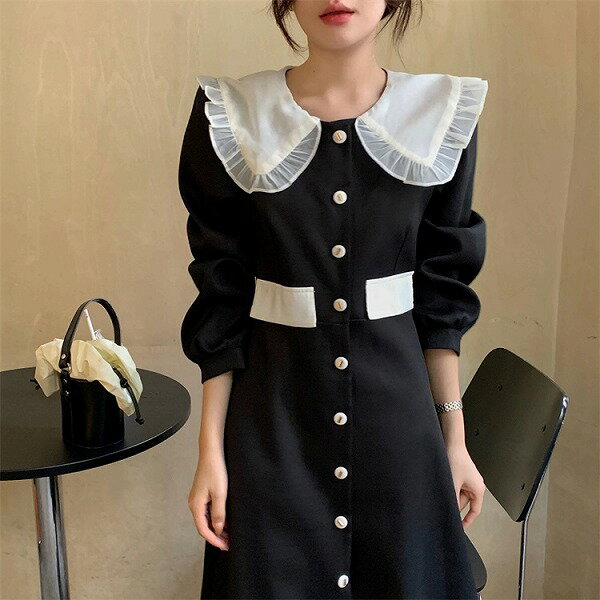 超人気インスタグラムで話題 INSスタイル 単体ボタン ロングスカート スリム フリル 人形の襟(4)