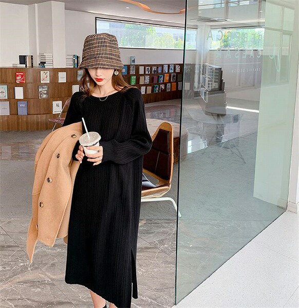 大好きな着こなし INSスタイル 長袖 スリム ニットワンピース 気質 ロングスカート スプリット