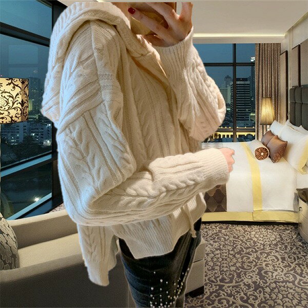 モデルはあなたです INSスタイル Vネック 柔らかい フード付き ツイスト ニットトップス コート