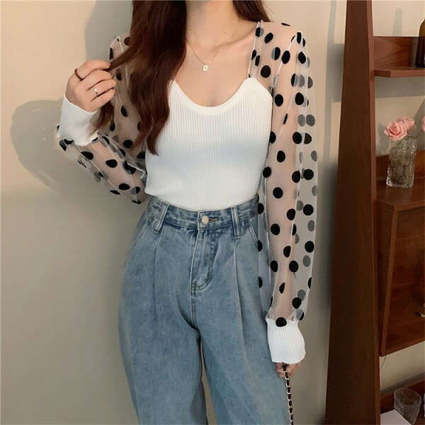 最終プライス INSスタイル パフスリーブ レーヨン デザインセンス 縫付 長袖 ニットトップス ドット
