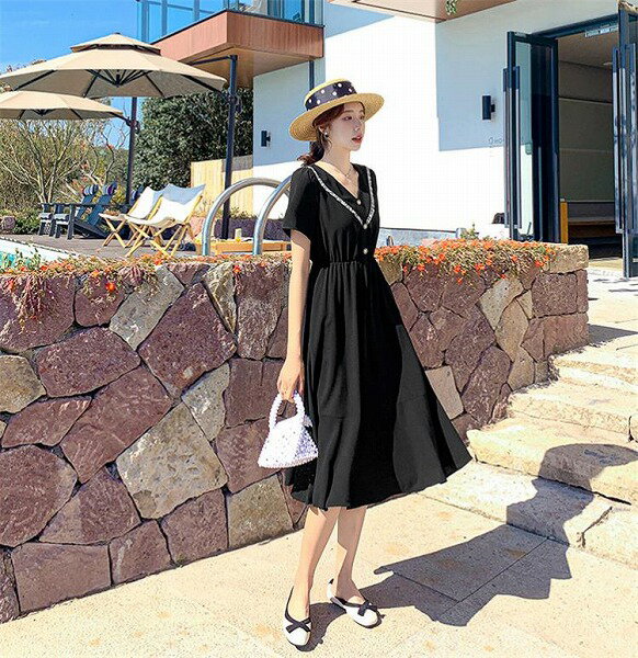 柔らかな雰囲気 女の子ファッション レトロ ニッチ ワンピース 夏 Vネック受け取って腰 スリム 気質