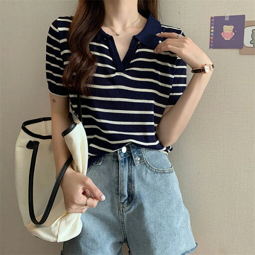 体型カバーに効く ニット ストライプ Tシャツ レディース 半袖 夏 Vネック トップス 体型カバーに効く ニット ストライプ Tシャツ レディース 半袖 夏 Vネック トップス