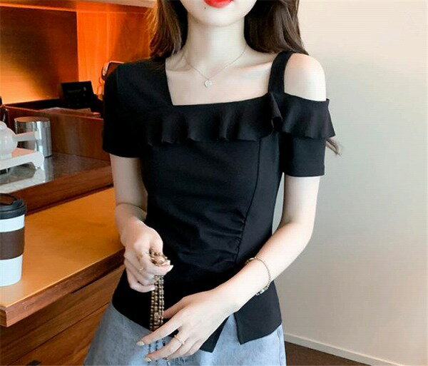 着まわし抜群 気質 セクシー オフショルダー Tシャツ 半袖 スキニー トップス 薄い