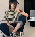 柔らかい履き心地 レトロ ストライプ 半袖 Tシャツ ゆったりする スリム ベースシャツ