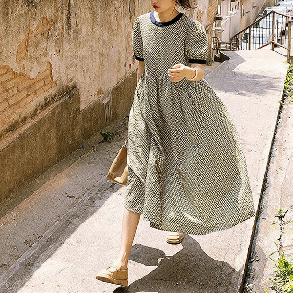 大人の魅力高まる INSスタイル 格子縞 ワンピース プリント 中・長セクション レトロ 半袖