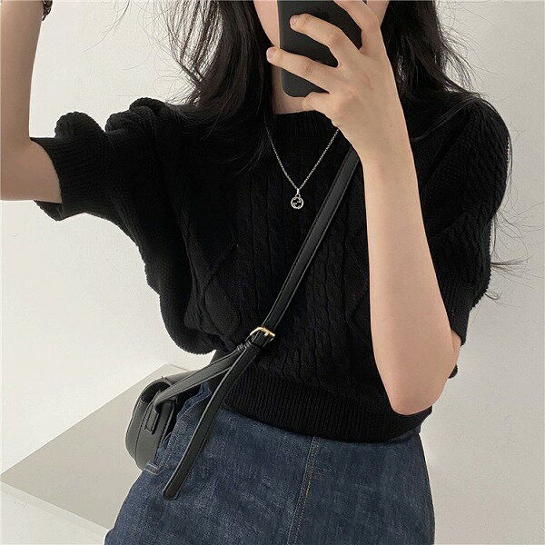 活気少女 小さい新鮮な 春 麻の花 キンクパターンショートニットトップス パフスリーブトップス