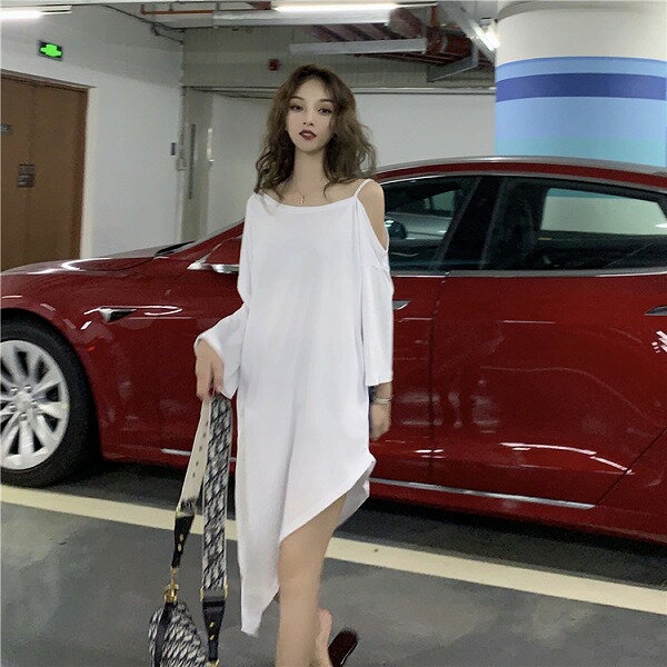 更にエレガントデザイン追加 イレギュラー オフショルダー 中・長セクション ワンピース(4)