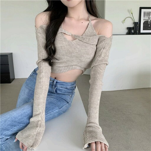 コーデを格上げ 女の子ファッション 2点セット春 編み物トップス ハンギングネックサスペンダー コーデを格上げ 女の子ファッション 2点セット春 編み物トップス ハンギングネックサスペンダー