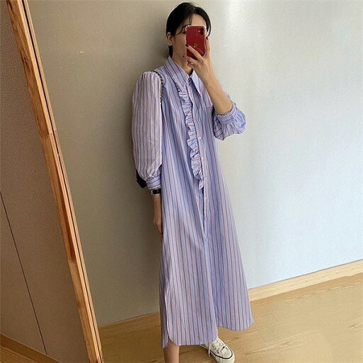 大人のキレイをお約束。INSスタイル 単体ボタン パフスリーブ ストライプ シャツワンピ 長袖 大人のキレイをお約束。INSスタイル 単体ボタン パフスリーブ ストライプ シャツワンピ 長袖