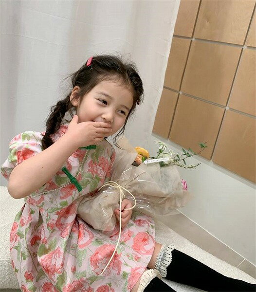 INSスタイル レトロ sweet系 プリント ワンピース 新作 パフスリーブ プリンセスドレス