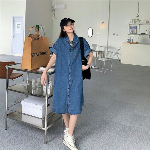 リピーターが多い デニムドレス レトロ 半袖 カジュアル 気質 シャツドレス ロングスカート リピーターが多い デニムドレス レトロ 半袖 カジュアル 気質 シャツドレス ロングスカート